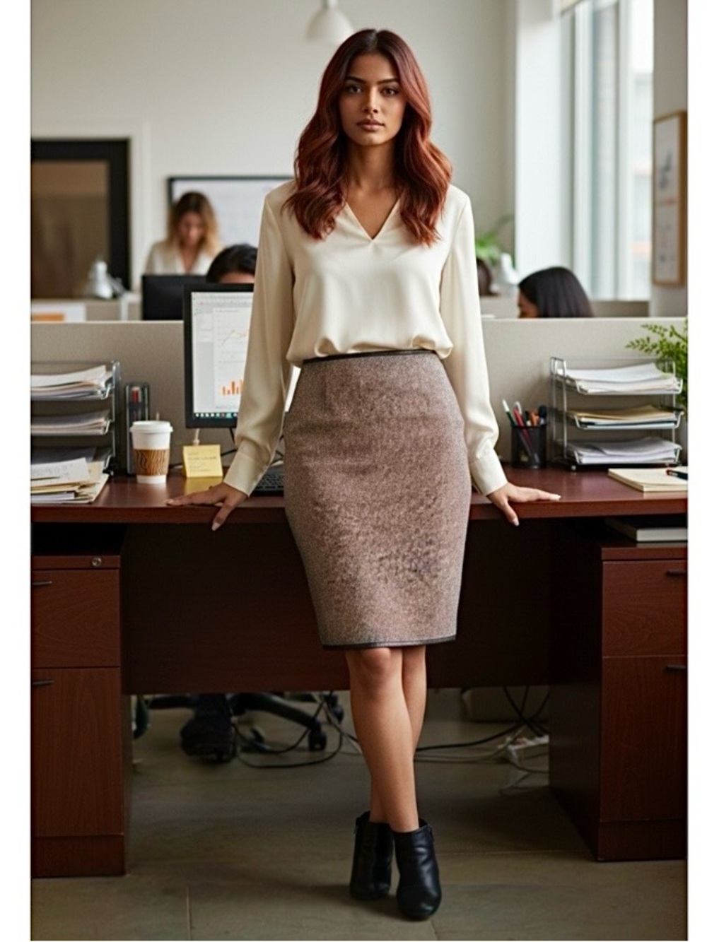 Tweed Brown Wool and Leather-Pencil Skirt